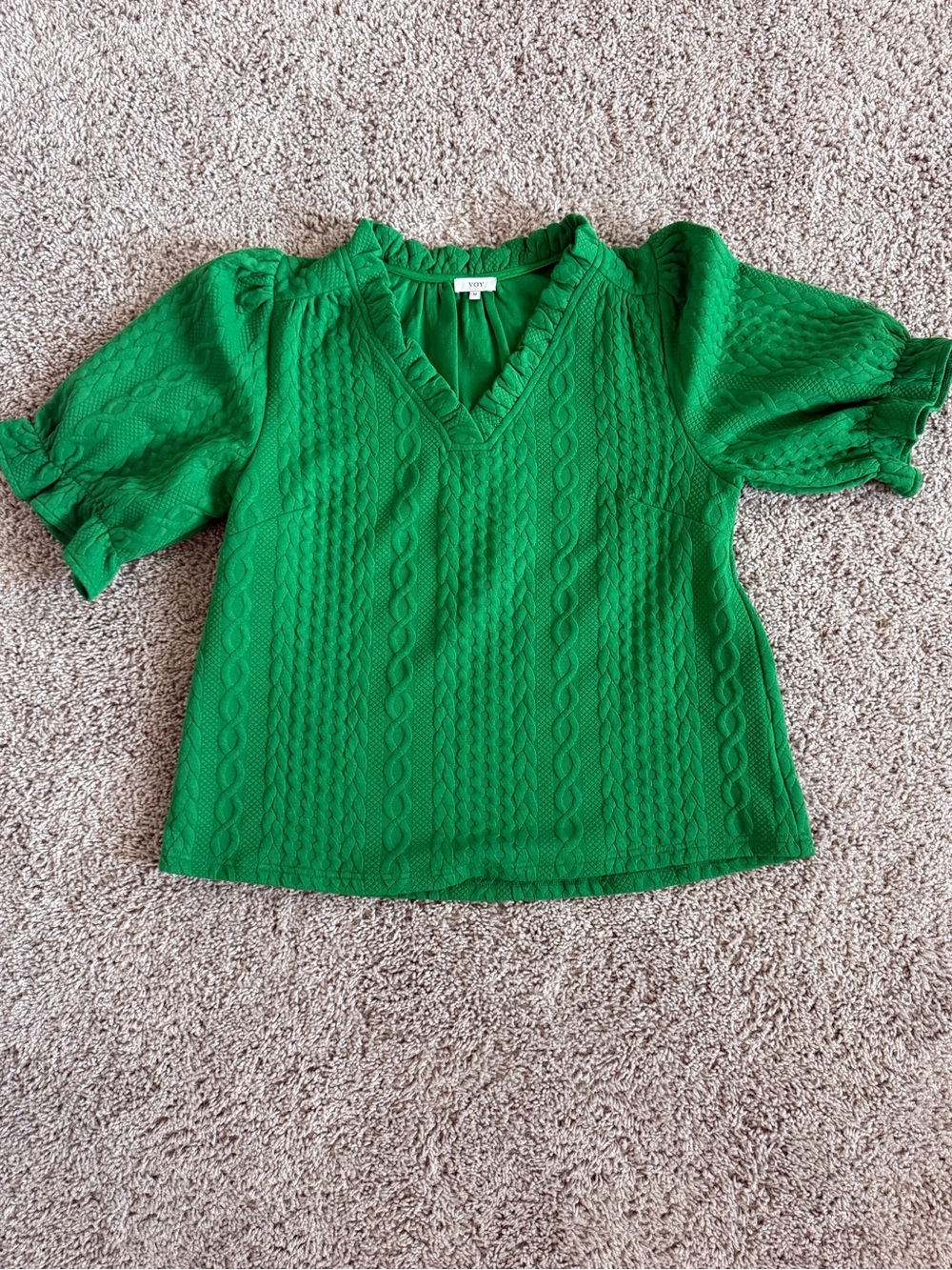 VOY Womens Medium Green Cable Knit Textured Puff Sleeve V Neck Blouse Top